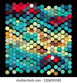 Abstract geometric background consisting of a multicolored hexagons against black backdrop. Creative wavy wallpaper. Vector illustration of a mosaic pattern.