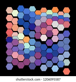 Abstract geometric background consisting of a multicolored hexagons against black backdrop. Creative wavy wallpaper. Vector illustration of a mosaic pattern.