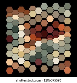 Abstract geometric background consisting of a multicolored hexagons against black backdrop. Creative wavy wallpaper. Vector illustration of a mosaic pattern.