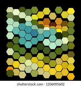 Abstract geometric background consisting of a multicolored hexagons against black backdrop. Creative wavy wallpaper. Vector illustration of a mosaic pattern.