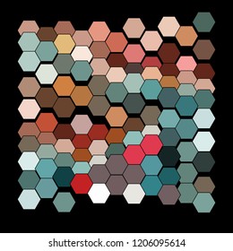 Abstract geometric background consisting of a multicolored hexagons against black backdrop. Creative wavy wallpaper. Vector illustration of a mosaic pattern.