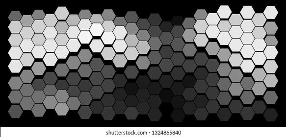 Abstract geometric background consisting of a multicolored hexagons against black backdrop. Vector illustration of a mosaic pattern. The image format is suitable for printing on a mug.