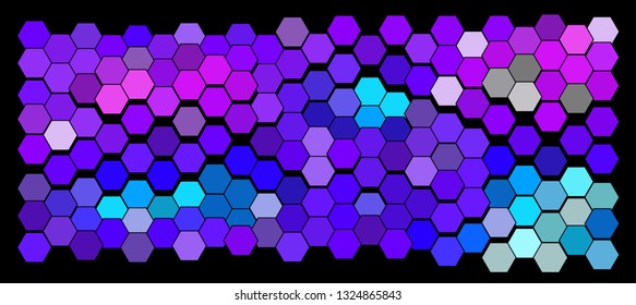 Abstract geometric background consisting of a multicolored hexagons against black backdrop. Vector illustration of a mosaic pattern. The image format is suitable for printing on a mug.