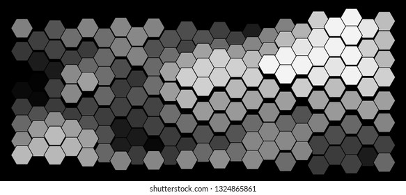 Abstract geometric background consisting of a multicolored hexagons against black backdrop. Vector illustration of a mosaic pattern. The image format is suitable for printing on a mug.