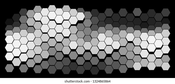 Abstract geometric background consisting of a multicolored hexagons against black backdrop. Vector illustration of a mosaic pattern. The image format is suitable for printing on a mug.