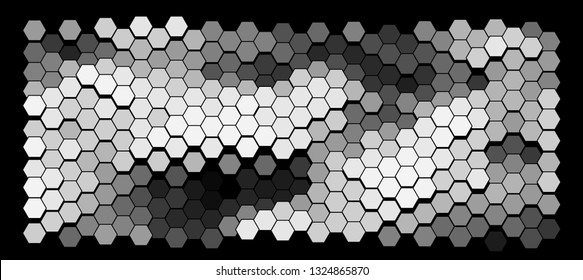Abstract geometric background consisting of a multicolored hexagons against black backdrop. Vector illustration of a mosaic pattern. The image format is suitable for printing on a mug.