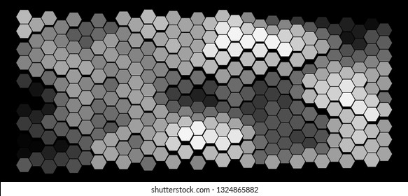 Abstract geometric background consisting of a multicolored hexagons against black backdrop. Vector illustration of a mosaic pattern. The image format is suitable for printing on a mug.