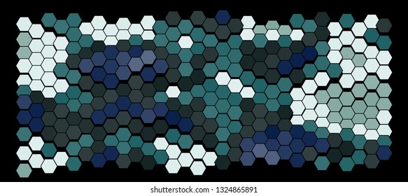 Abstract geometric background consisting of a multicolored hexagons against black backdrop. Vector illustration of a mosaic pattern. The image format is suitable for printing on a mug.