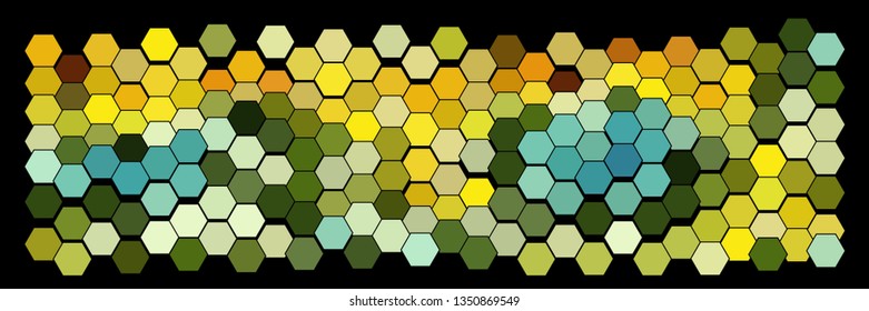 Abstract geometric background consisting of a multicolored hexagons against black backdrop. Vector illustration of a mosaic pattern.