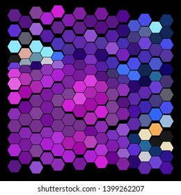 Abstract geometric background consisting of a multicolored hexagons against black backdrop. Vector illustration of a mosaic pattern.
