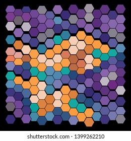Abstract geometric background consisting of a multicolored hexagons against black backdrop. Vector illustration of a mosaic pattern.