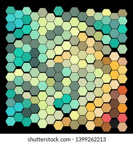 Abstract geometric background consisting of a multicolored hexagons against black backdrop. Vector illustration of a mosaic pattern.