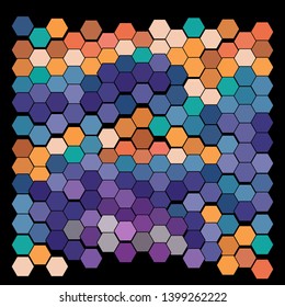 Abstract geometric background consisting of a multicolored hexagons against black backdrop. Vector illustration of a mosaic pattern.