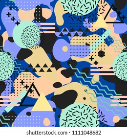 Abstract geometric background. dark blue background seamless pattern and color figures and spots for cover digital graphic and textile. Memphis style pattern vector illustration