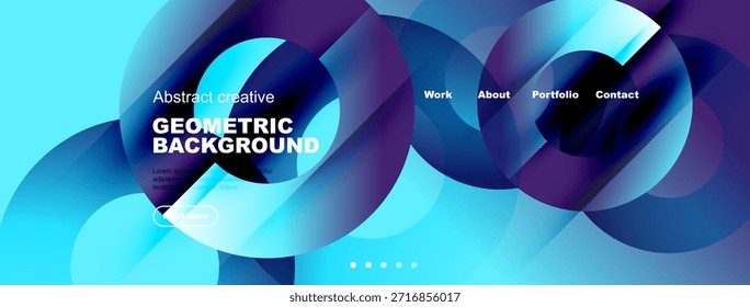 Abstract geometric background design. Blue, purple hues dominate. Website header with navigation options present. Modern, fluid shapes visible.