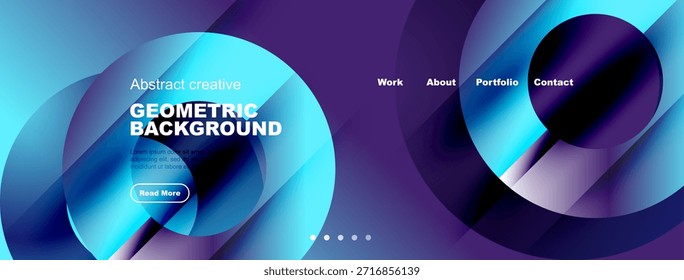 Abstractas diseño de fondo geométrico. Gradientes azules, Formas fluidas, Elementos de texto presentes. Encabezado de Sitio web o composición de estilo de Anuncio.