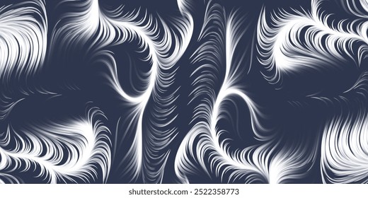 Diseño de fondo geométrico Abstractas con estilo retro Colores en azul oscuro y blanco - Lit 3D que fluye extendiendo el patrón de líneas curvas - Línea de arte generada digitalmente, Plantilla en formato de Vector editable