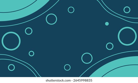 Abstract geometric background design with teal circles and curves on a dark blue backdrop.
