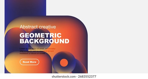 Abstractas diseño de fondo geométrico. Colores vibrantes, Formas fluidas, superposición de texto, Botón presente. Estética moderna.
