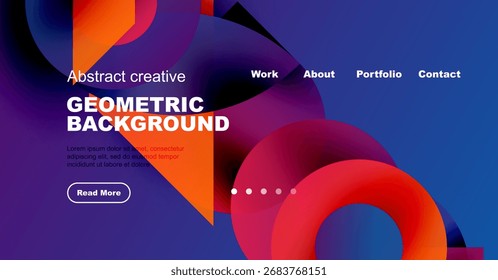 Abstractas diseño de fondo geométrico. Colores vibrantes, Formas fluidas, encabezado de Sitio web con opciones de navegación, contenido de texto, Botón.