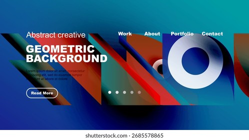 Abstraktes geometrisches Hintergrunddesign. Lebhafte Farben, Text-Overlay, Navigationselemente vorhanden. Moderne Ästhetik, passender Webseitenkopf.