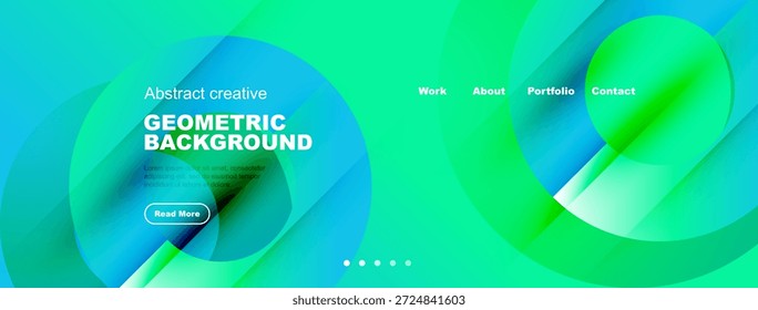 Abstractas diseño de fondo geométrico. Vibrantes Gradientes turquesas y verdes dominan. Elementos de texto presentes, navegación visible. Estética moderna.