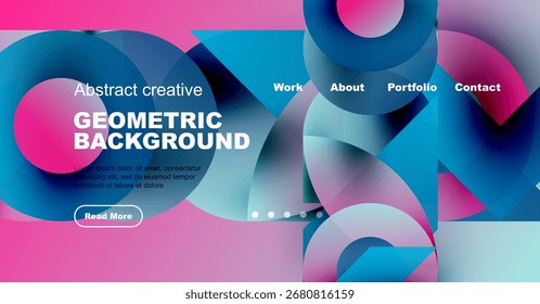 Abstractas diseño de fondo geométrico. Encabezado de Sitio web con Elementos de navegación, texto, Botón. Colores vibrantes, estilo moderno.