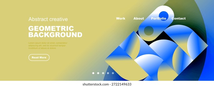 Abstractas diseño de fondo geométrico. Los Gradientes amarillos y azules crean un atractivo visual moderno. Menú de navegación presente, texto incluido.