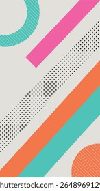Abstract geometric background with diagonal lines, circles, and polka dots in vibrant pink, orange, and teal on a light gray backdrop.