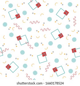 Abstract geometric background with different geometric shapes - triangles, circles, dots, lines. Memphis style on white background.  Bright and colorful, 90s style. Vector seamless pattern. 