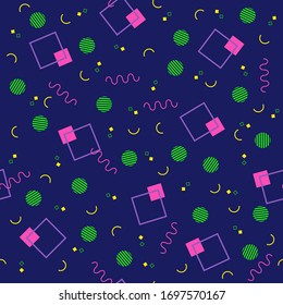 Abstract geometric background with different geometric shapes - triangles, circles, dots, lines. Memphis style on dark blue background. Bright and colorful, 90s style. Vector seamless pattern.
