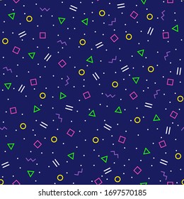 Abstract geometric background with different geometric shapes - triangles, circles, dots, lines. Memphis style on dark blue background. Bright and colorful, 90s style. Vector seamless pattern.