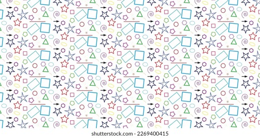 Abstract geometric background with different geometric shapes - triangles, circles, dots, lines, and colorful stars. 