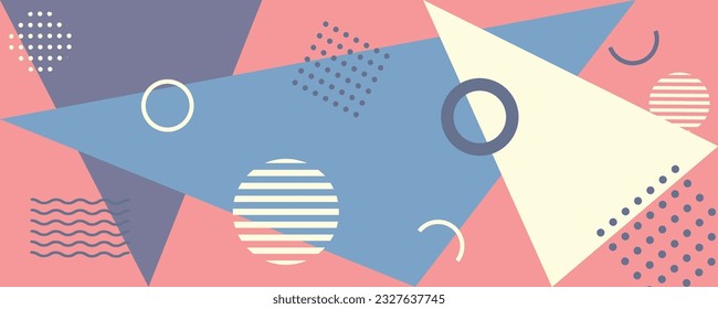 Abstract geometric background with different geometric shapes - triangles, circles, dots, lines. Memphis style. Vector seamless pattern.