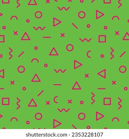 Abstract geometric background with different geometric shapes - triangles, circles, dots, lines. Memphis style. Bright and colorful, 90s style. Vector seamless pattern. Neon colors