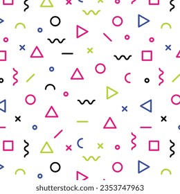 Abstract geometric background with different geometric shapes - triangles, circles, dots, lines. Memphis style. Bright and colorful, 90s style. Vector seamless pattern. Neon colors