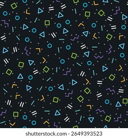 Fundo geométrico abstrato, diferentes formas geométricas - triângulos, círculos, pontos, linhas. Estilo Memphis. Brilhante e colorido, estilo dos anos 90. Padrão sem emenda do vetor. Padrão de formas geográficas. Cores neon