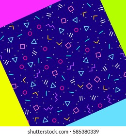 Abstract geometric background with different geometric shapes - triangles, circles, dots, lines. Memphis style. Bright and colorful, 90s style. Vector illustration. Neon colors