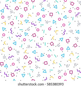 Abstract geometric background with different geometric shapes - triangles, circles, dots, lines. Memphis style. Bright and colorful, 90s style. Vector seamless pattern. Neon colors