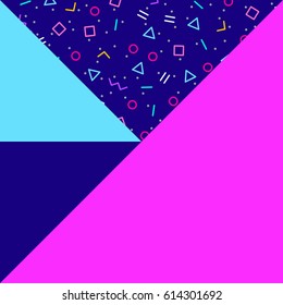 Abstract geometric background, different geometric shapes - triangles, circles, dots, lines. Memphis style. Bright and colorful neon colors, funky 90s style. Vector illustration.