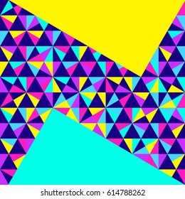 Abstract geometric background, different geometric shapes - triangles, circles, dots, lines. Memphis style. Bright and colorful neon colors, funky 90s style. Vector illustration.