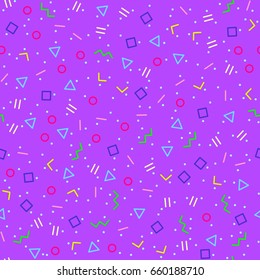 Abstract geometric background, different geometric shapes - triangles, circles, dots, lines. Memphis style. Bright and colorful, 90s style. Vector seamless pattern. Geo shapes pattern. Neon colors.
