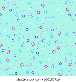 Abstract geometric background, different geometric shapes - triangles, circles, dots, lines. Memphis style. Bright and colorful, 90s style. Vector seamless pattern. Geo shapes pattern. Neon colors.