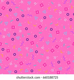 Abstract geometric background, different geometric shapes - triangles, circles, dots, lines. Memphis style. Bright and colorful, 90s style. Vector seamless pattern. Geo shapes pattern. Neon colors.