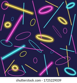 Abstract geometric background with different sizes ovals and lines. Bright and colorful, 90s style. Vector seamless pattern. Neon glow from shapes.