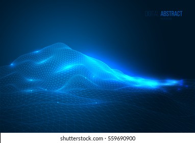 Abstract geometric background with digital landscape or waves. Vector futuristic illustration.