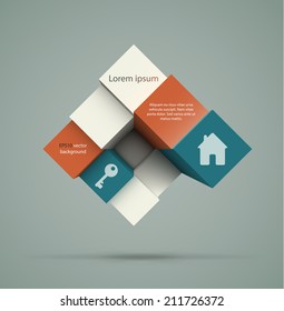 Abstract geometric background. Dynamic composition of cubes with copyspaces and content samples. EPS10 vector illustration.