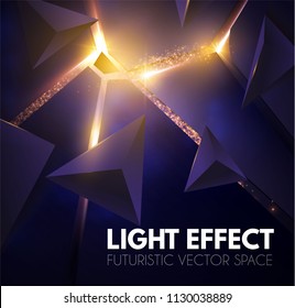 Abstract Geometric Background. Explosion Power Design with Crushing Surface, 3D Triangles and Golden Light. Vector illustration