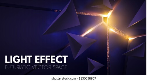 Abstract Geometric Background. Explosion Power Design with Crushing Surface, 3D Triangles and Golden Light. Vector illustration