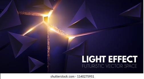 Abstract Geometric Background. Explosion Power Design with Crushing Surface, 3D Triangles and Golden Light. Vector illustration